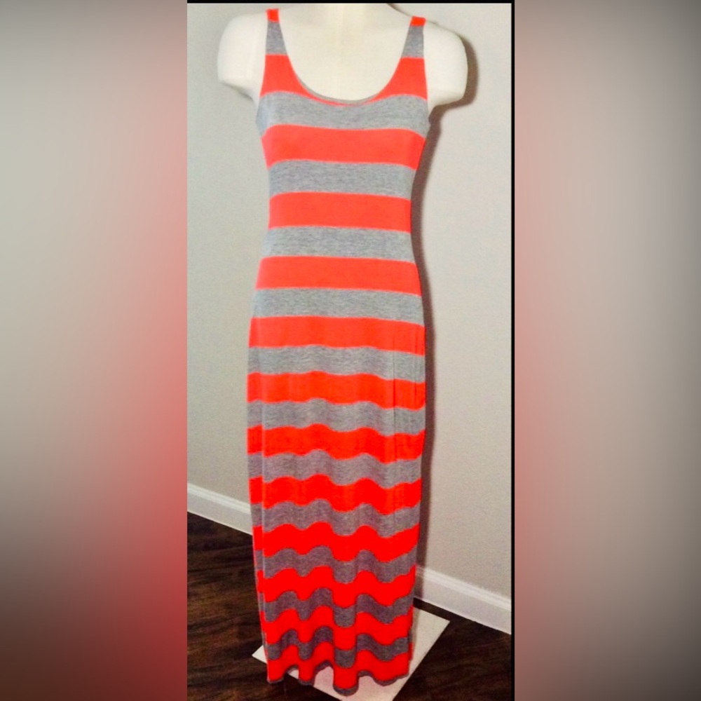 Striped Gray and Bright Orange Maxi Dress
